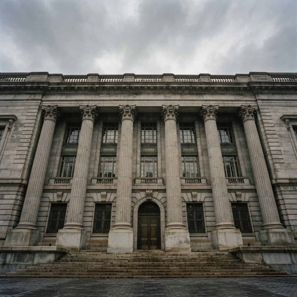 The limestone facade and tall windows of a classic institutional building