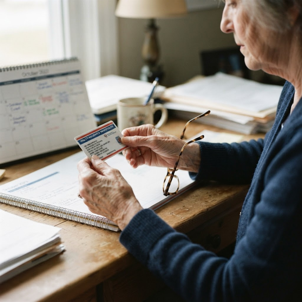 Older woman holding a Medicare card and reading glasses