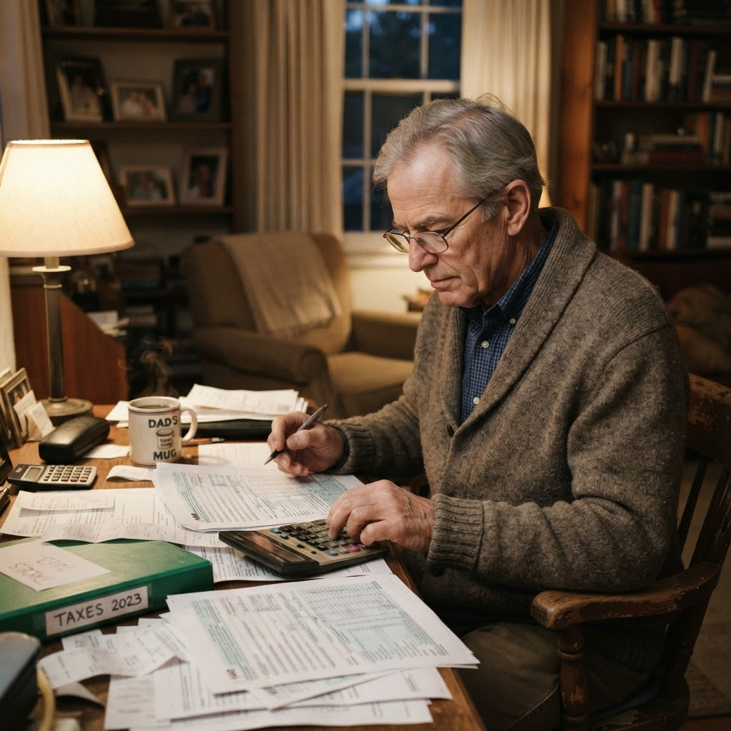 A senior man reviewing tax forms at a home desk